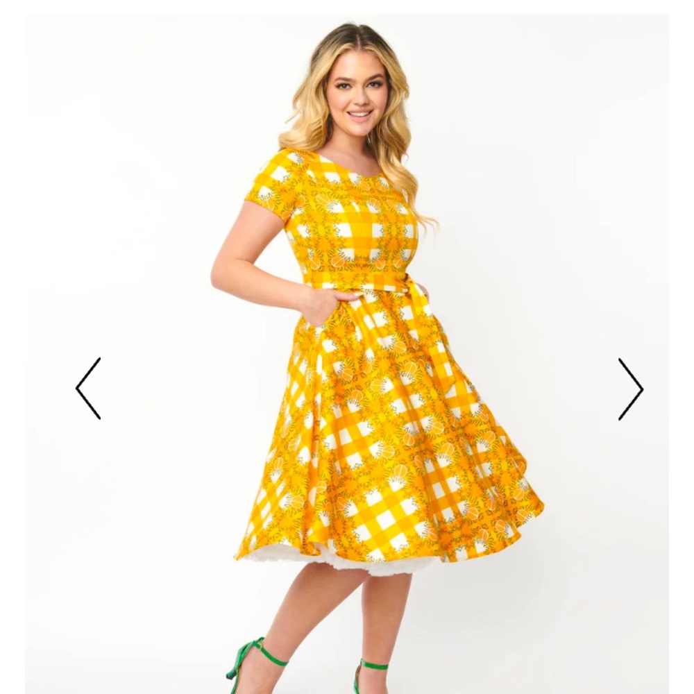 Unique Vintage Orange Tree Gingham Swing Dress